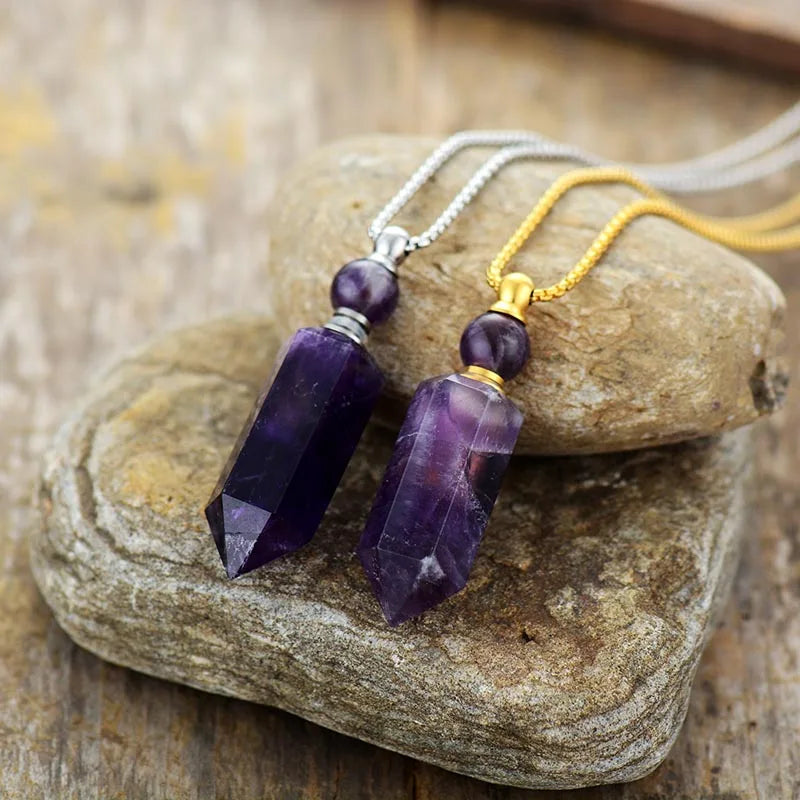 Natural Gems stone Amethysts Essential Perfume Bottle Pendant