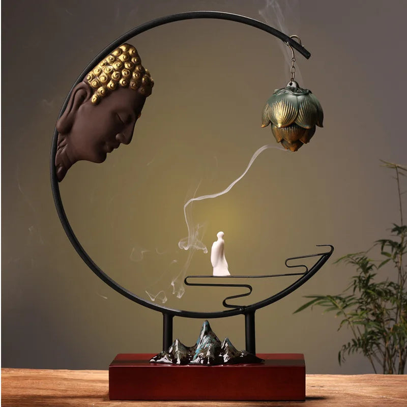 Ceramic Buddha Statue with Hanging Metal Ball Backflow Incense Burner and 20 Incenses