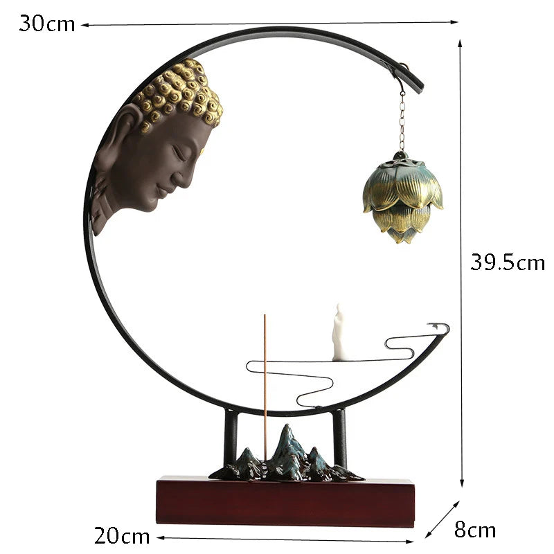 Ceramic Buddha Statue with Hanging Metal Ball Backflow Incense Burner and 20 Incenses