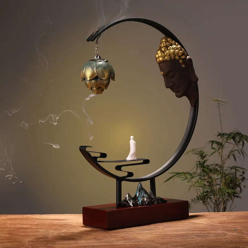 Ceramic Buddha Statue with Hanging Metal Ball Backflow Incense Burner and 20 Incenses