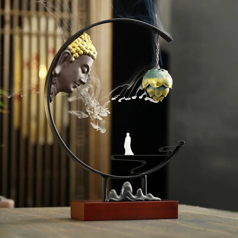 Ceramic Buddha Statue with Hanging Metal Ball Backflow Incense Burner and 20 Incenses