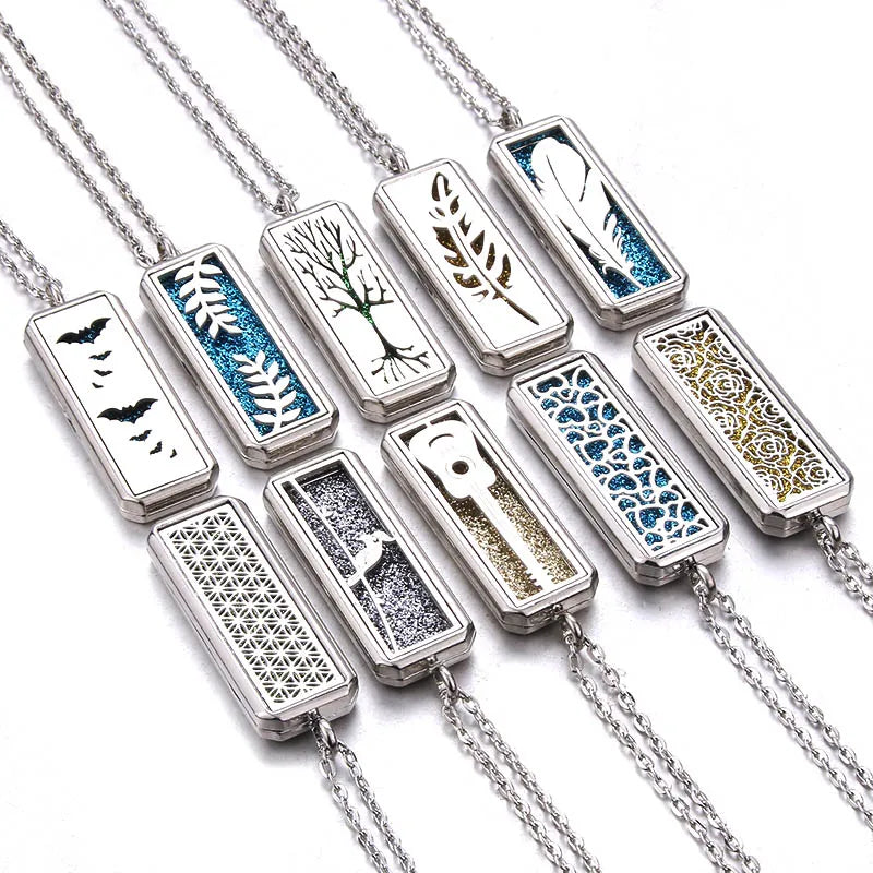 Square Aromatherapy Magnetic Stainless Steel Essential Oil Diffuser Necklace